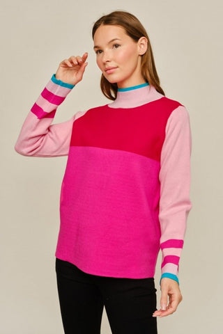 Colorblock Turtle Neck Color Blocked Sweater Top styled on model - House of Me boutique Norman OK