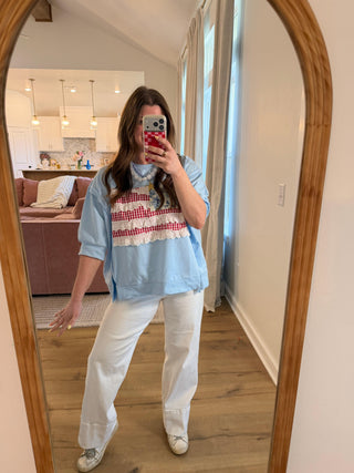 Betsy Flag Lace Patch Top styled on model - House of Me boutique Norman OK