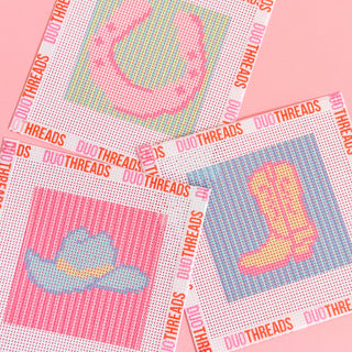 Lucky Girl pink horseshoe needlepoint canvas with rainbow stripes by Duo Threads - House of Me boutique Norman OK