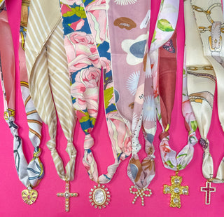 Spring floral scarf charm necklace in pinks and neutrals by Golden Lily - House of Me boutique Norman OK