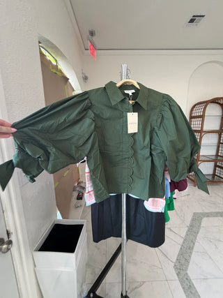 Army Green Puff Sleeve Top with Scallop Trim & Tie Cuffs