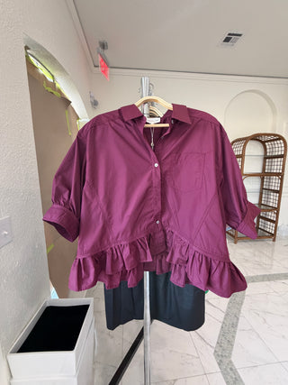 Merlot Oversized Ruffle Hem Button-Up Top