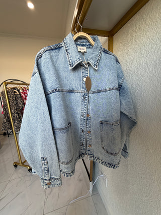 Washed Denim Jacket with Double Pockets and Back Pleat