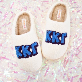 Fuzzy sorority slippers with Greek letters by Duo Threads, sorority big little gift - House of Me boutique Norman OK
