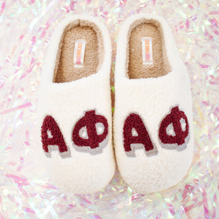 Fuzzy sorority slippers with Greek letters by Duo Threads, sorority big little gift - House of Me boutique Norman OK