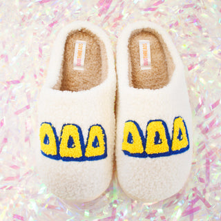 Fuzzy sorority slippers with Greek letters by Duo Threads, sorority big little gift - House of Me boutique Norman OK