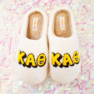 Fuzzy sorority slippers with Greek letters by Duo Threads, sorority big little gift - House of Me boutique Norman OK