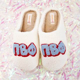 Fuzzy sorority slippers with Greek letters by Duo Threads, sorority big little gift - House of Me boutique Norman OK