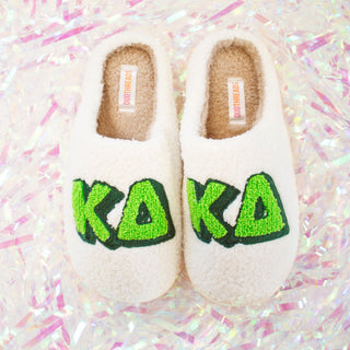 Fuzzy sorority slippers with Greek letters by Duo Threads, sorority big little gift - House of Me boutique Norman OK