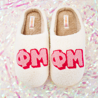 Fuzzy sorority slippers with Greek letters by Duo Threads, sorority big little gift - House of Me boutique Norman OK