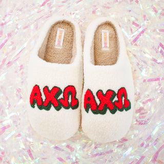 Fuzzy sorority slippers with Greek letters by Duo Threads, sorority big little gift - House of Me boutique Norman OK