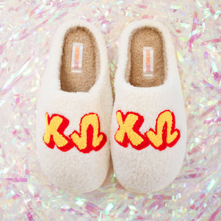 Fuzzy sorority slippers with Greek letters by Duo Threads, sorority big little gift - House of Me boutique Norman OK