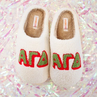 Fuzzy sorority slippers with Greek letters by Duo Threads, sorority big little gift - House of Me boutique Norman OK