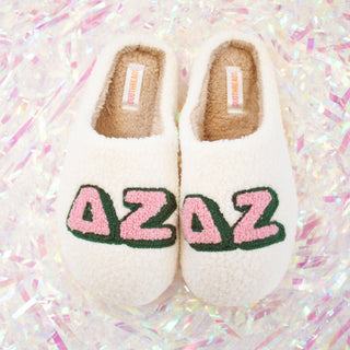 Fuzzy sorority slippers with Greek letters by Duo Threads, sorority big little gift - House of Me boutique Norman OK