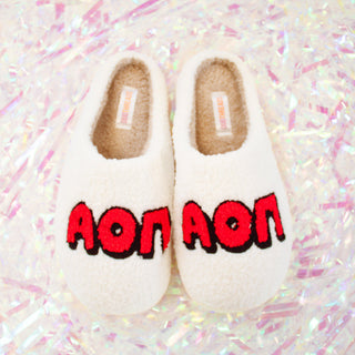Fuzzy sorority slippers with Greek letters by Duo Threads, sorority big little gift - House of Me boutique Norman OK
