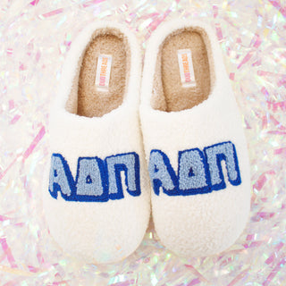 Fuzzy sorority slippers with Greek letters by Duo Threads, sorority big little gift - House of Me boutique Norman OK