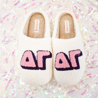Fuzzy sorority slippers with Greek letters by Duo Threads, sorority big little gift - House of Me boutique Norman OK