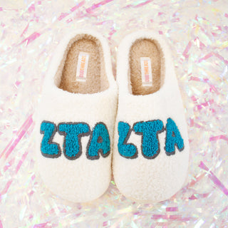 Fuzzy sorority slippers with Greek letters by Duo Threads, sorority big little gift - House of Me boutique Norman OK