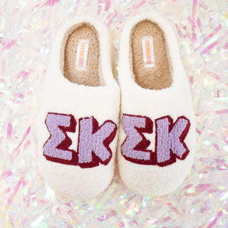 Fuzzy sorority slippers with Greek letters by Duo Threads, sorority big little gift - House of Me boutique Norman OK
