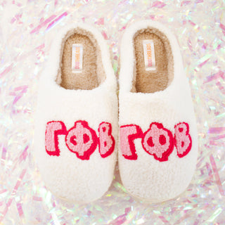 Fuzzy sorority slippers with Greek letters by Duo Threads, sorority big little gift - House of Me boutique Norman OK