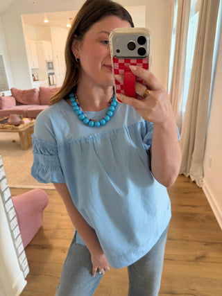Harper Ruffle Top in Blue back view - House of Me boutique Norman OK