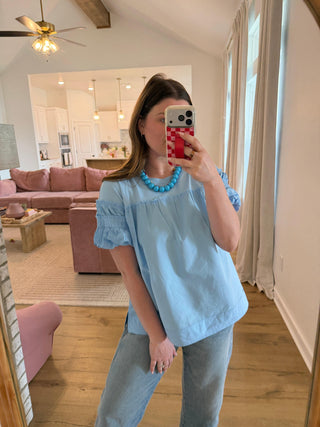 Harper Ruffle Top in Blue detail view - House of Me boutique Norman OK