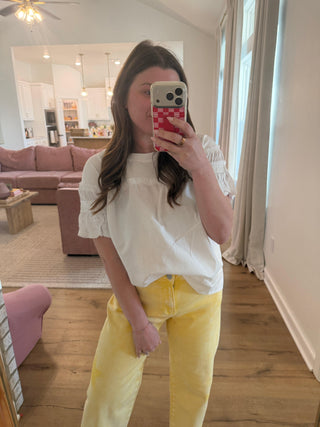 Harper Ruffle Top in White styled on model - House of Me boutique Norman OK
