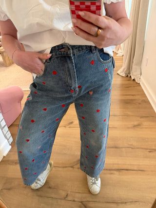The Sweetheart Denim embroidered heart wide leg jeans - House of Me boutique Norman OK