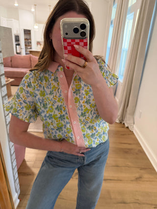 Maisie Floral Button-Down Top styled on model - House of Me boutique Norman OK