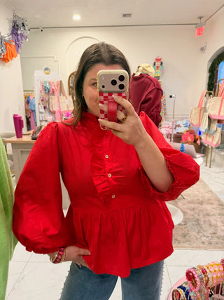 Lady in Red ruffle top front view - House of Me boutique Norman OK
