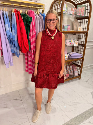 Holly red ruffle holiday dress by THML front view - House of Me boutique Norman OK