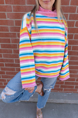 Colorful Rainbow Hibiscus mock neck striped sweater for women - House of Me boutique Norman OK