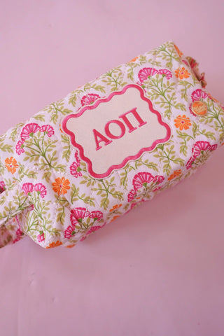 Sorority quilted cosmetic pouch by The Darling Effect styled view - House of Me boutique Norman OK
