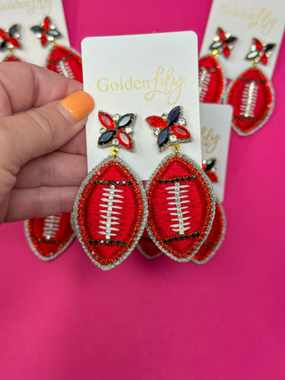 Red and black football thread dangle earrings by Golden Lily, game day jewelry - House of Me boutique Norman OK
