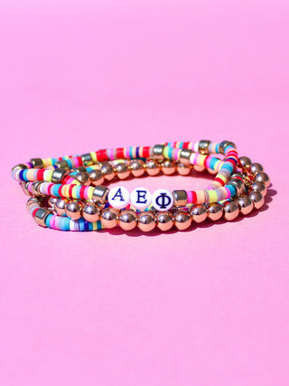 Miley sorority beaded bracelet stack with Greek letter beads by Duo Threads - House of Me boutique Norman OK