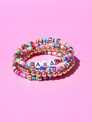 Miley sorority beaded bracelet stack with Greek letter beads by Duo Threads - House of Me boutique Norman OK
