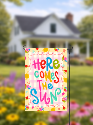Here Comes The Sun Garden Flag product shot - House of Me boutique Norman OK