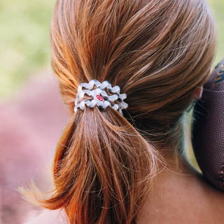 Boomer Sooner OU large spiral hair ties by Teleties close up view - House of Me boutique Norman OK