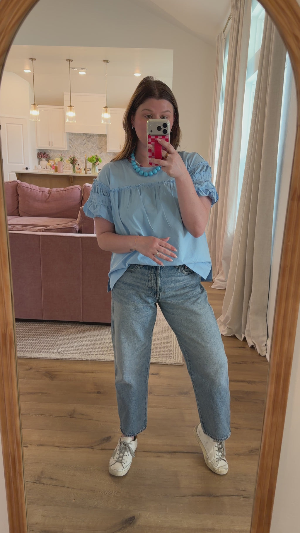 Harper Ruffle Top in Blue.
